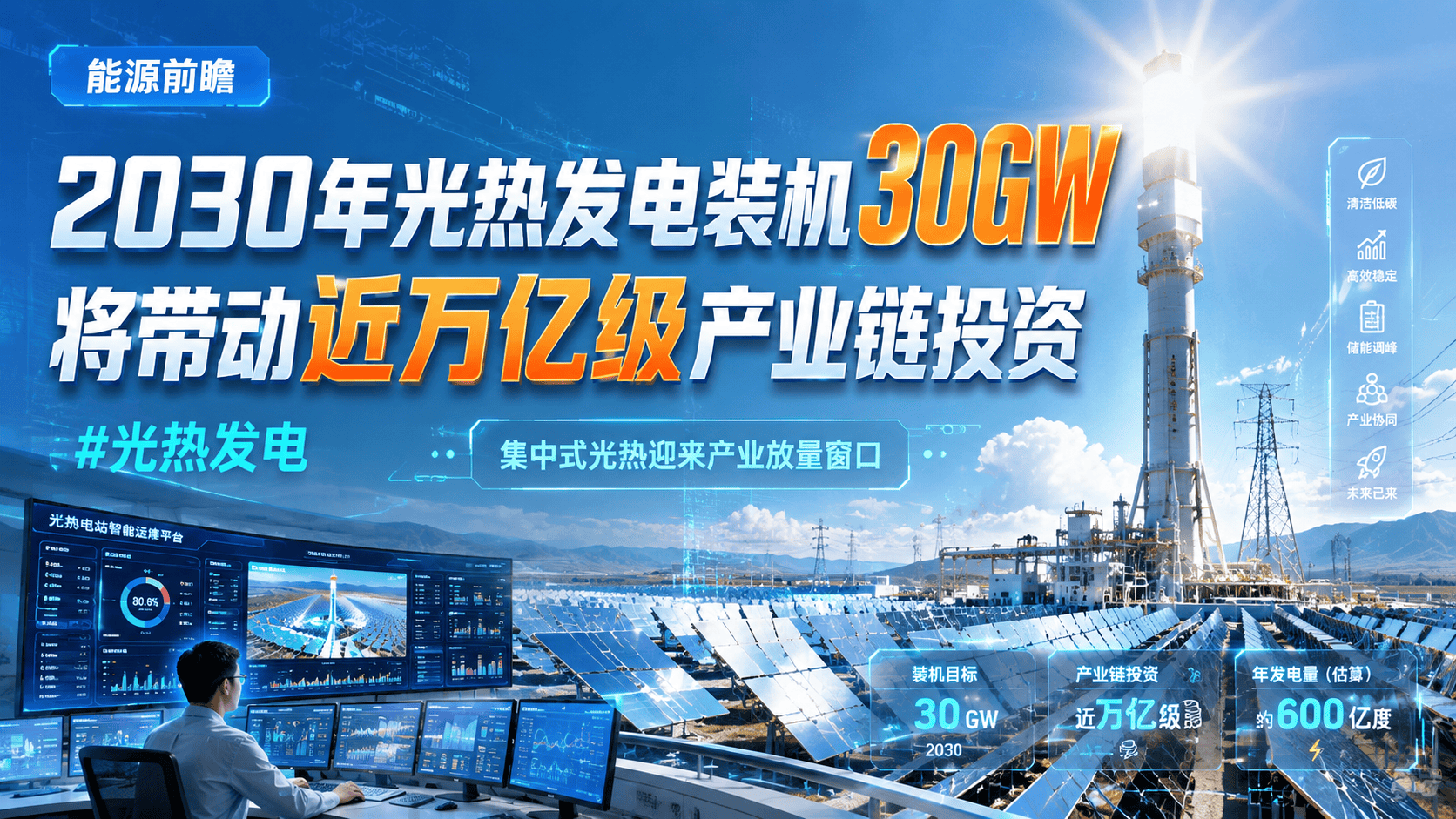 2030年光热发电装机30GW，将带动近万亿级产业链投资#光热发电 #光热发电站 #新型电力系统 #可再生能源 #清洁能源   光热发电作为一种高稳定性的可再生能源，在构建新型电力系统方面意义重大。它