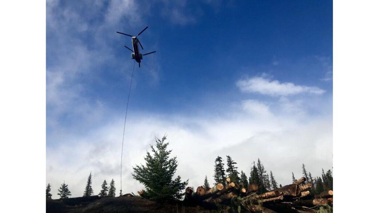 Hubschrauber werden eingesetzt, um die Stämme von Lagerbereichen zu den zu renaturierenden, aber nicht mehr mit Fahrzeugen erreichbaren Bächen zu transportieren. Es handelt sich um das größte Bachrenaturierungsprojekt, das je im Nordwesten durchgeführt wurde.
