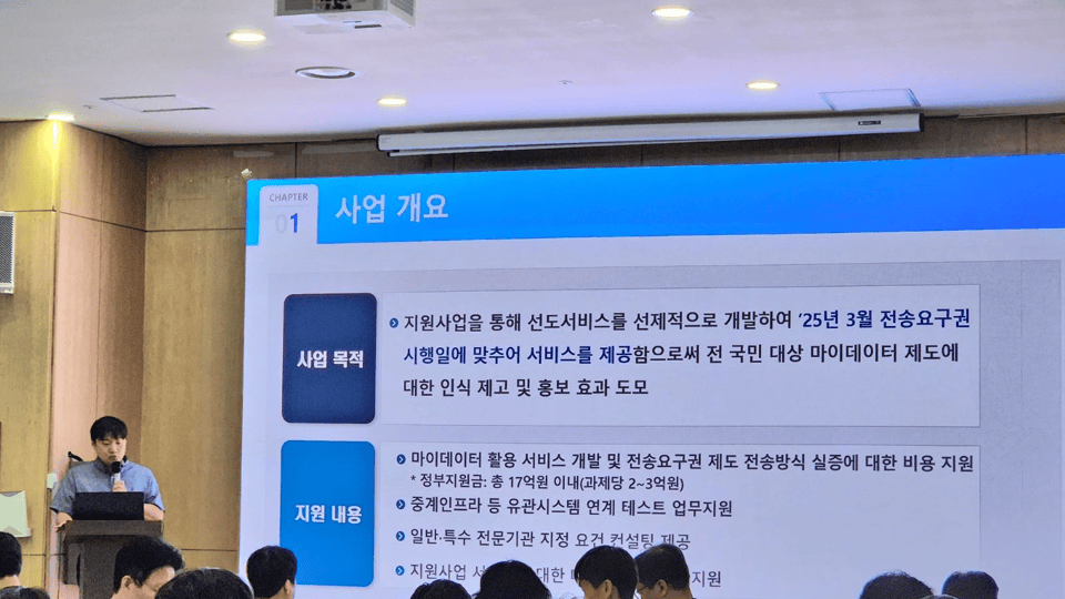 كيم داي-هيون (Kim Dae-hyun)، رئيس فريق تشغيل MyData في وكالة تعزيز الإنترنت الكورية (KISA)، يتولى إدارة "اجتماع إطلاق مشروع دعم MyData" المنعقد في 16 الجاري في منطقة جونغنو بسيول / الصورة: الصحفية كيم سو-جين