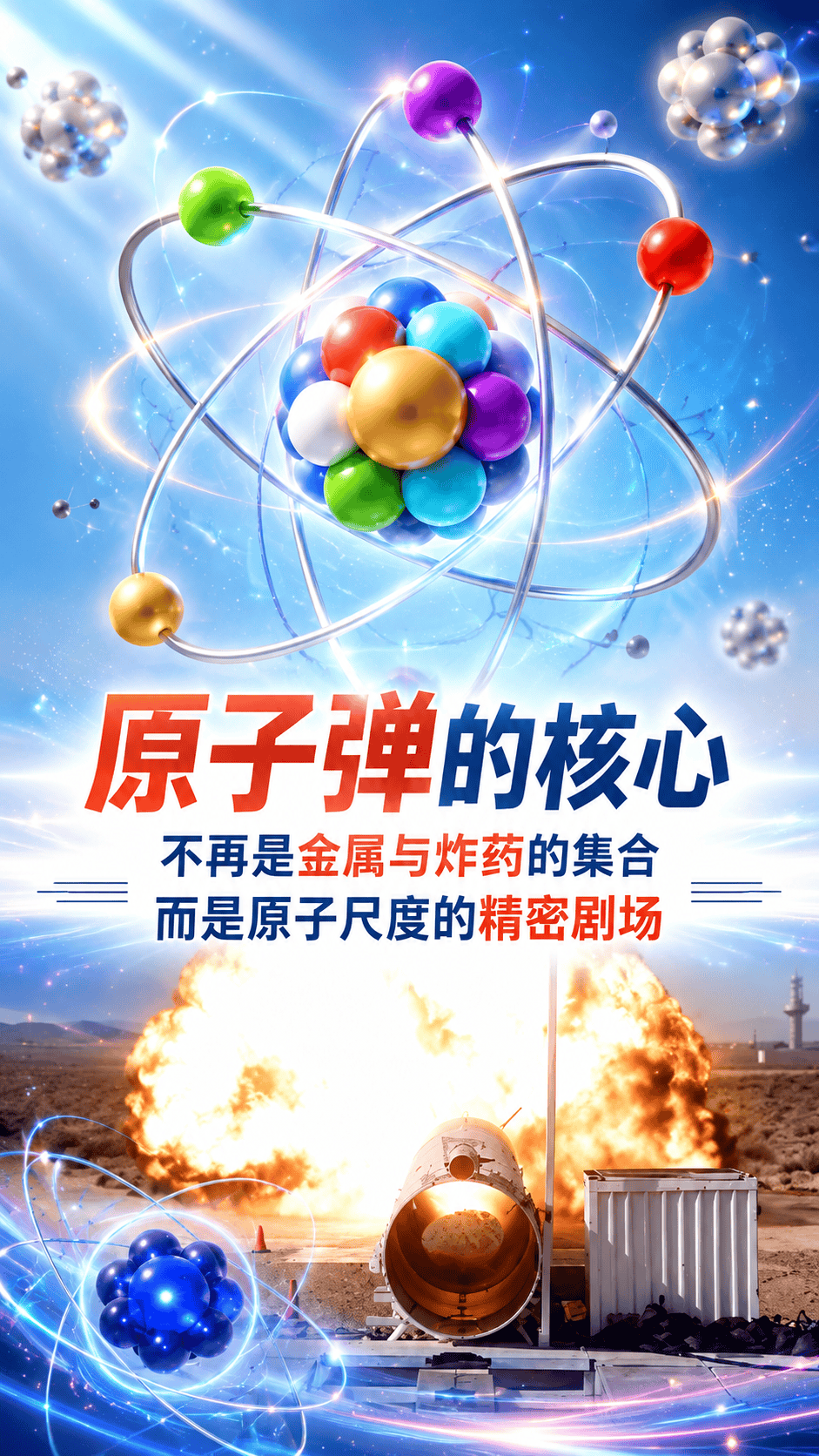 在10亿倍的微观视角下，原子弹的核心不再是金属与炸药的集合，而是原子尺度的精密剧场。最关键的是核燃料核心，以铀-235为例，无数铀原子如排列规整的银色小球，紧密堆叠成晶格结构，每个原子中心是致密的原子