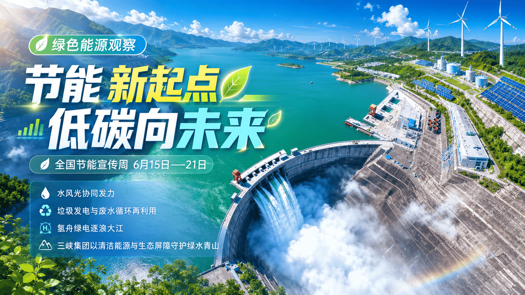 今年6月15日至21日，我国迎来第36个全国节能宣传周，主题为“节能新起点 低碳向未来”。大国重器水风光协同发力，防护林筑牢固碳屏障，垃圾发电、废水循环再利用，氢舟绿电逐浪大江，三峡集团将节能降碳融入