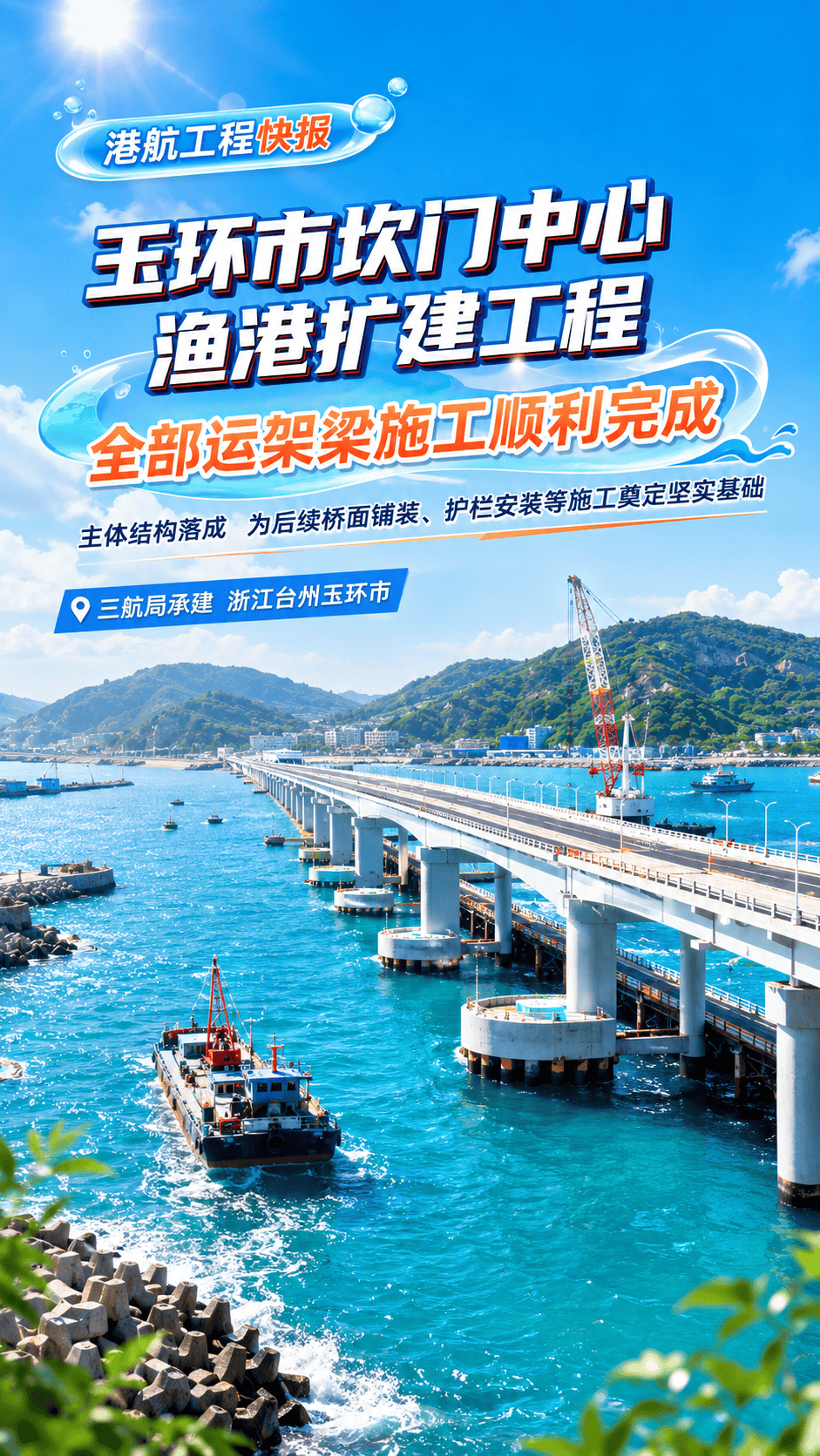 由三航局承建的浙江台州玉环市坎门中心渔港扩建工程，顺利完成全部运架梁施工。主体结构落成，为后续桥面铺装、护栏安装等施工奠定坚实基础。（来源：三航局）