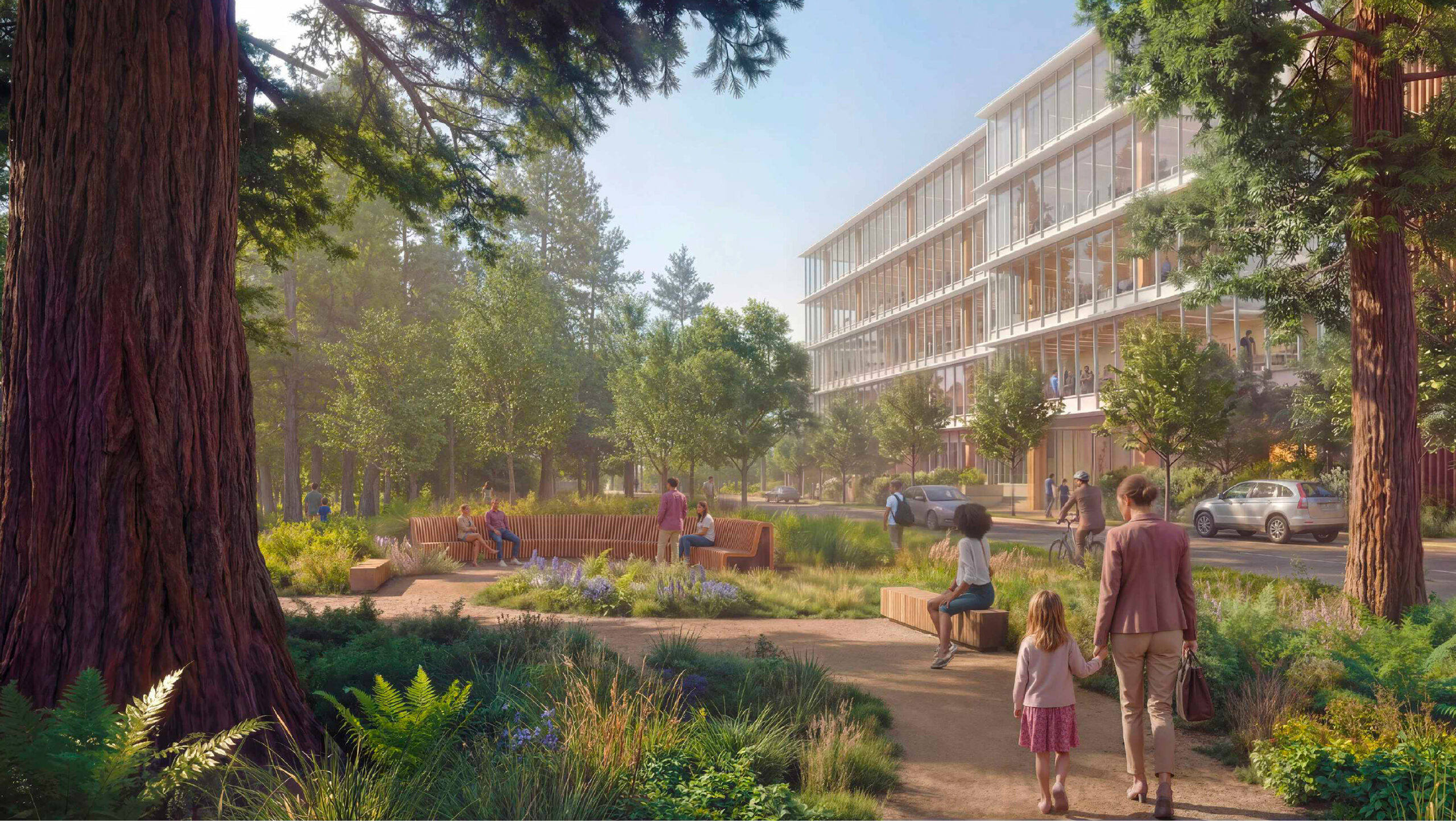 345 Middlefield Road, Fußgängerperspektive vom Eingang Middlefield Road, gerendert von Gensler
