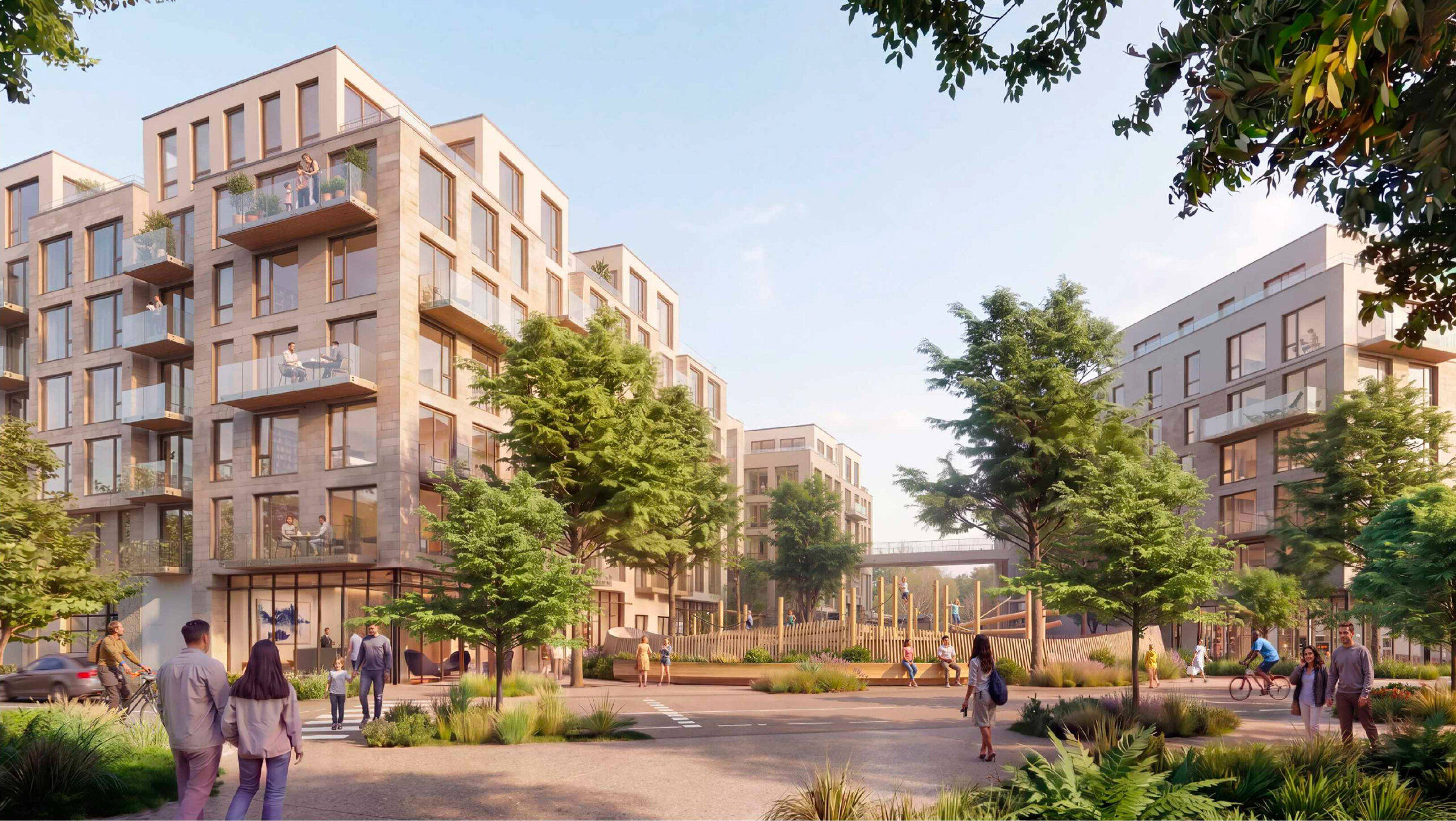 345 Middlefield Road, Blick auf den Gemeinschaftsplatz zwischen den Wohngebäuden C und D, gerendert von Gensler