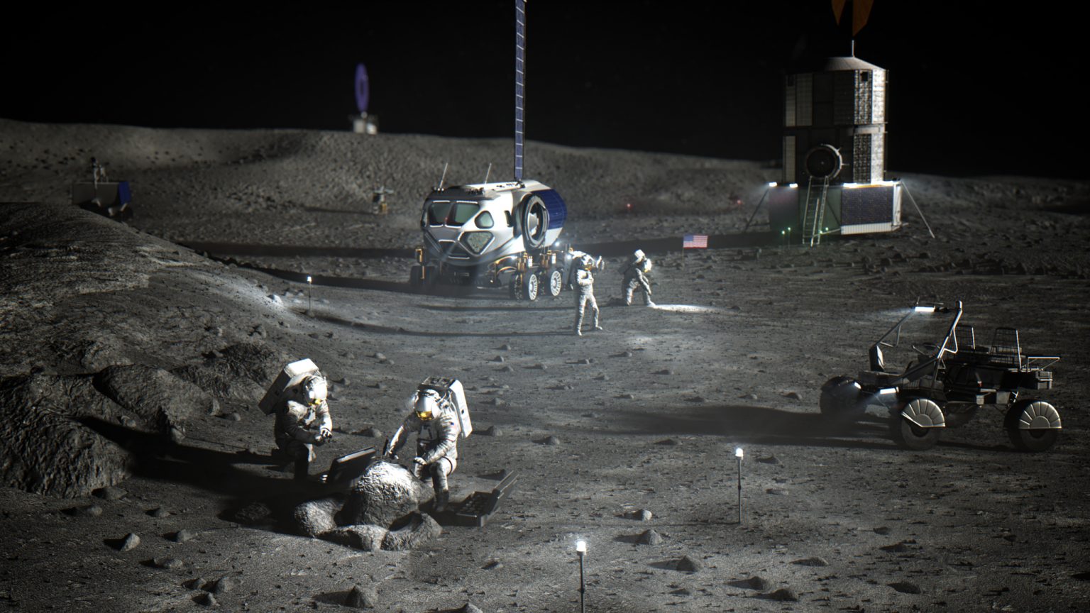 Astronauten und ein Mondfahrzeug auf der Mondoberfläche