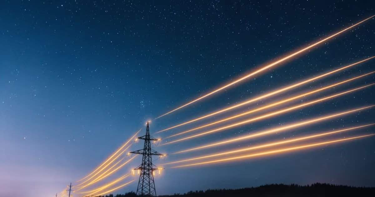 High-voltage transmission towers under a twilight sky