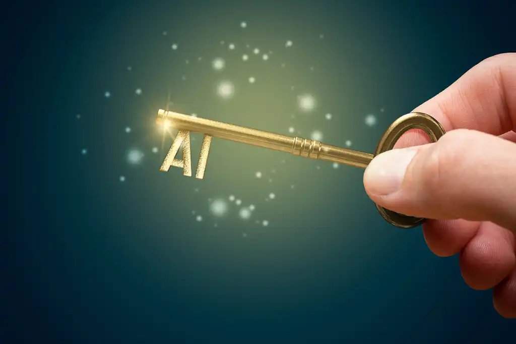 Unlocking AI (Artificial Intelligence) potential. Hand holding a golden key and AI abbreviation. Key to success with AI.
