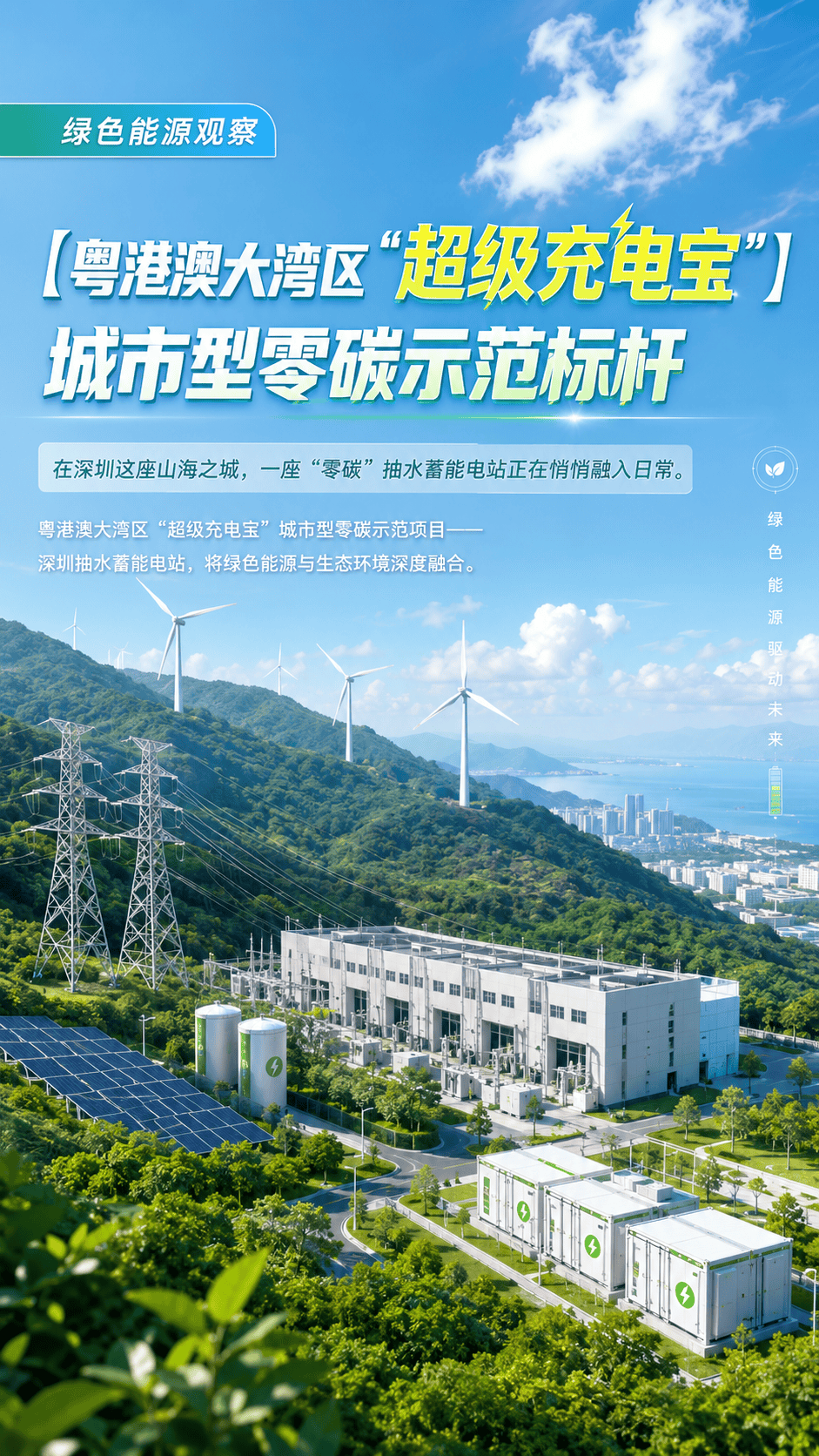 【粤港澳大湾区“超级充电宝”城市型零碳示范标杆】在深圳这座山海之城，一座”零碳“抽水蓄能电站正在悄悄融入日常。粤港澳大湾区“超级充电宝”城市型零碳师范项目——深圳抽水蓄能电站，将绿色能源与生态环境深度