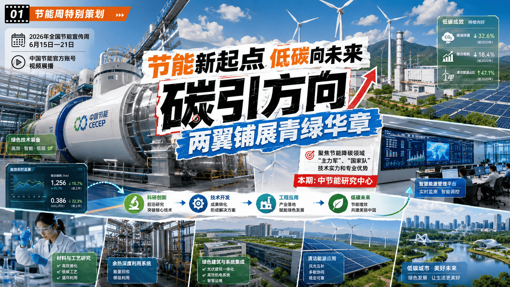 6月15日至21日是2026年全国节能宣传周，活动主题为“节能新起点 低碳向未来”。中国节能将在官方账号进行视频展播，集中展现中国节能作为节能降碳领域“主力军”、“国家队”的技术实力和专业优势