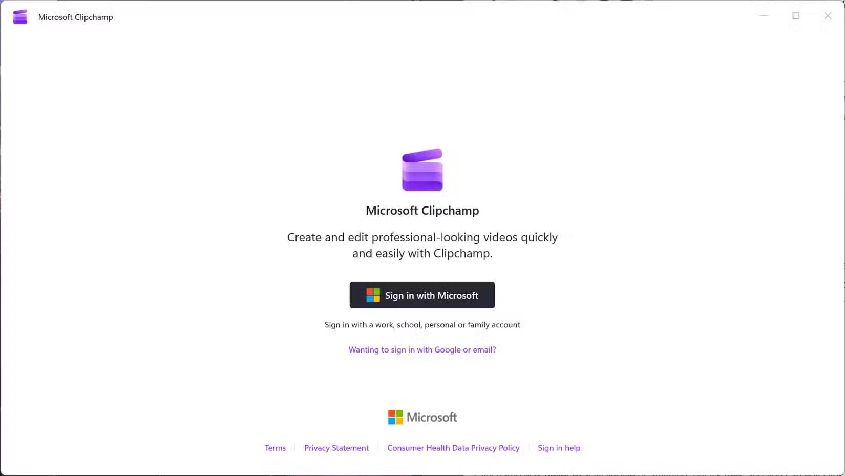 Interface de login do Clipchamp