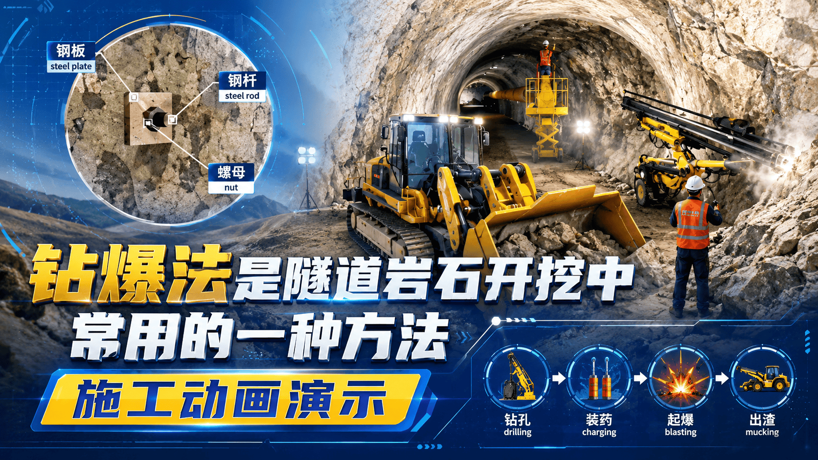 钻爆法是隧道岩石开挖中常用的一种方法，这种方法的循环性质要求良好的工作现场组织，这段详细的序列动画，能帮助你更好的了解未来的工作，并在前往现场之前突出潜在的挑战。#钻爆法 #隧道施工 #矿山开采 #采