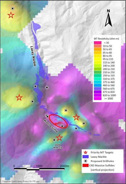 Figure 2: Priority MT anomalies, Laxey Marble, and proposed drill holes.