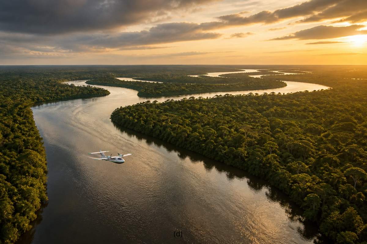 A startup's flying boat flies low over an Amazon river at sunset, surrounded by dense forest.