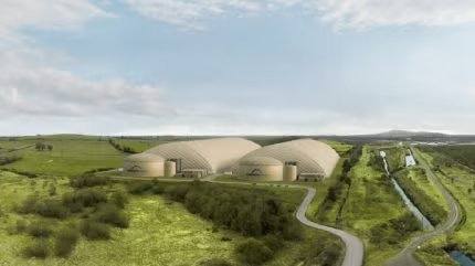 صورة تخيلية لمشروع بطارية ثاني أكسيد الكربون التابع لشركة Energy Dome بالقرب من بلدة رود في مقاطعة أوفالي بأيرلندا. مصدر الصورة: Energy Dome/Business Wire