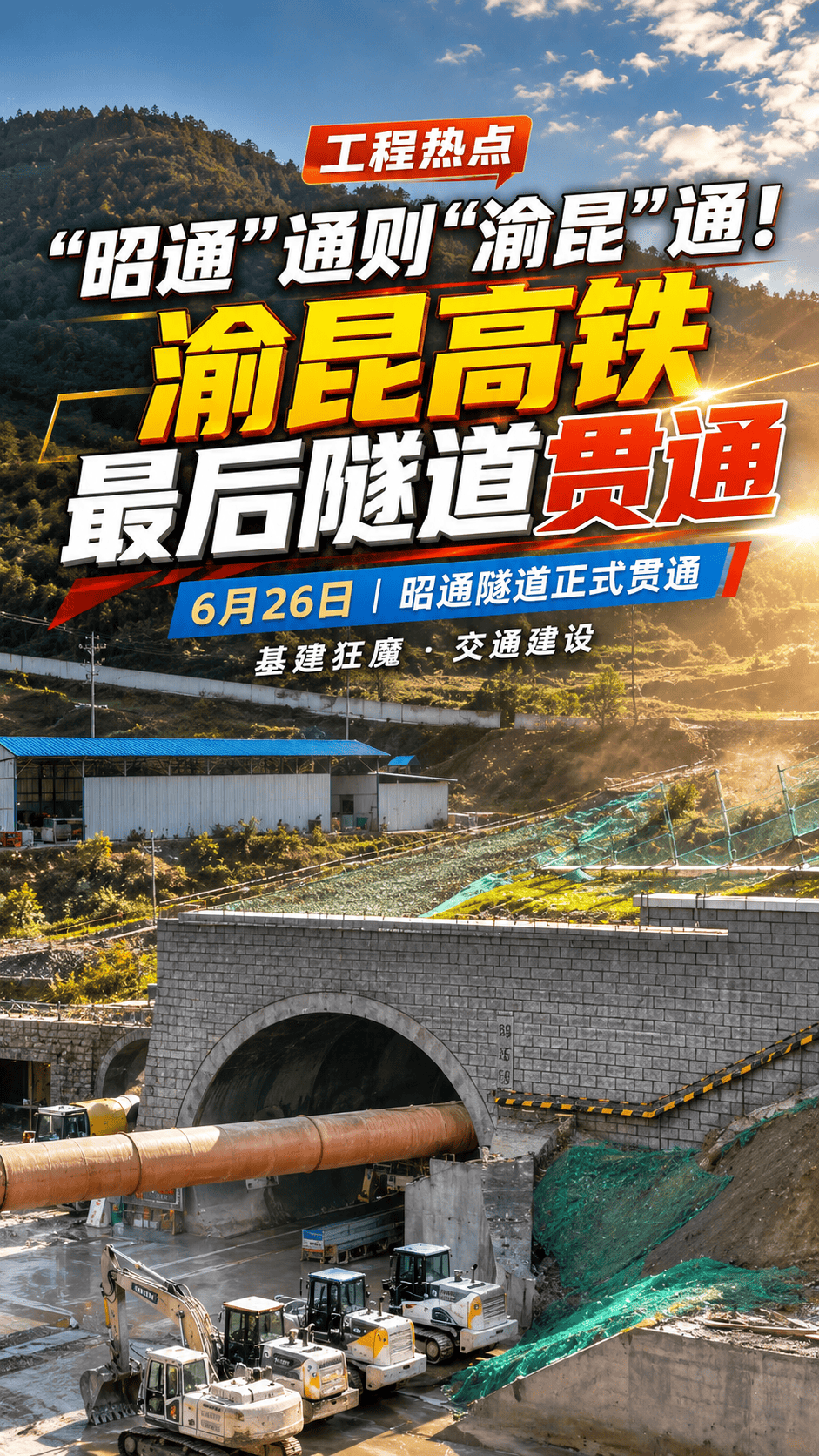 “昭通”通则“渝昆”通！#渝昆高铁 最后隧道#昭通隧道 于6月26日贯通~#基建狂魔 #交通建设