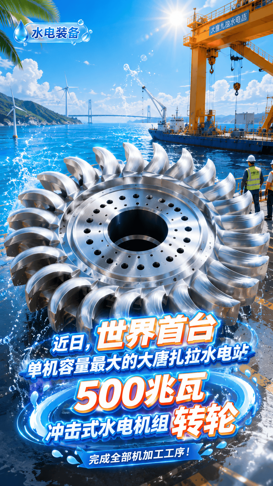 近日，世界首台单机容量最大的大唐扎拉水电站500兆瓦冲击式水电机组转轮完成全部机加工工序。@中国大唐 #东方电气  #大国重器  #水电 #科技创新大会 #西藏