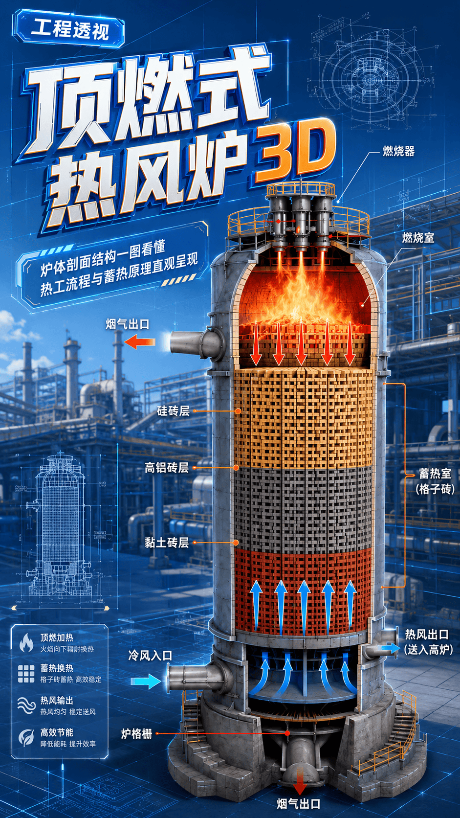 顶燃式热风炉3D#钢厂 #热风炉 #钢铁冶金 #科普