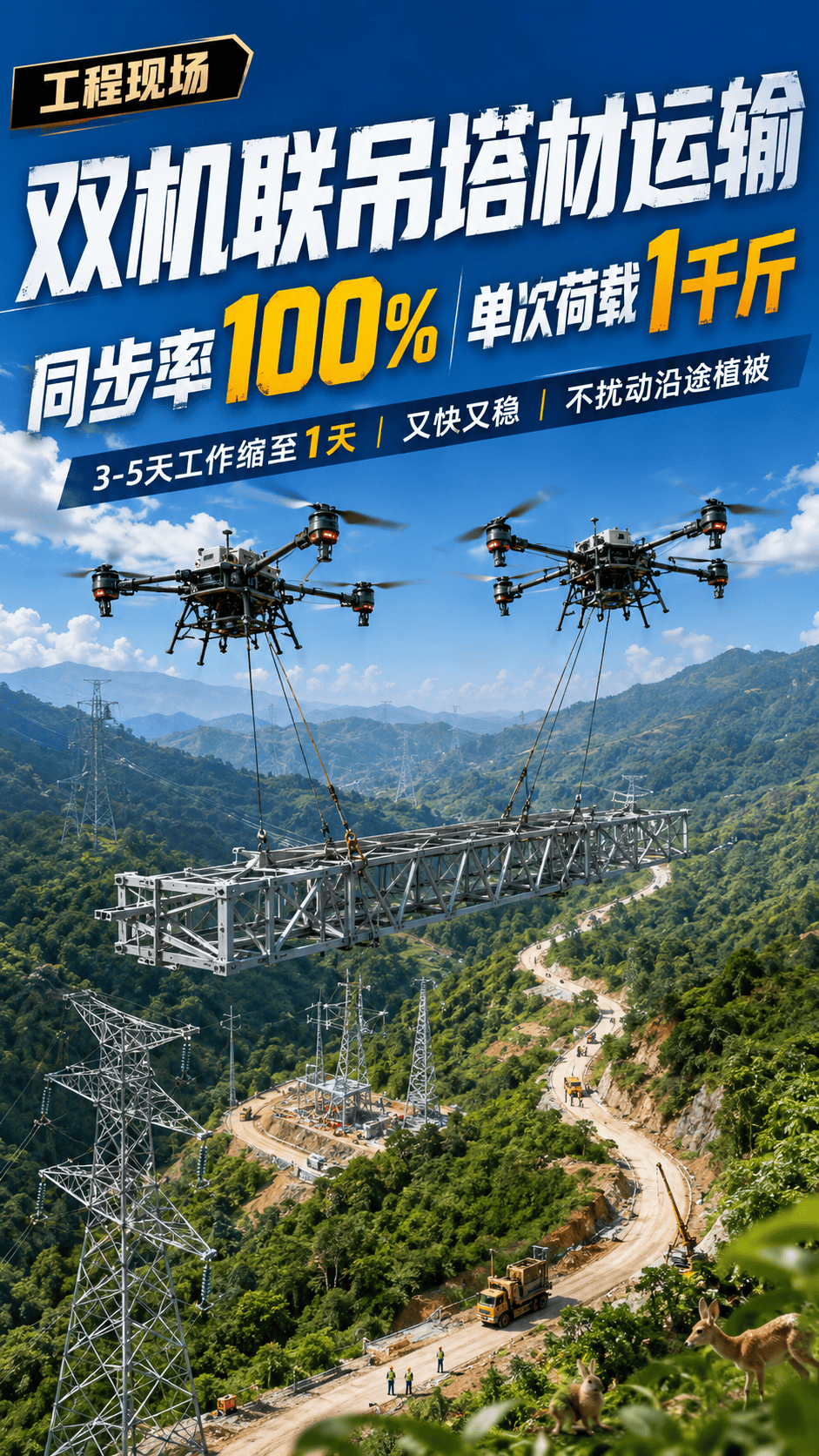 起飞、吊装、落地，同步率100%！两台重型无人机，双机联吊完成塔材运输，单次荷载1千斤，原来3-5天的工作1天完成！不仅又快又稳，空中运输还避免了破坏沿途植被，让小动物们不被打扰~@国家电网 @高能研
