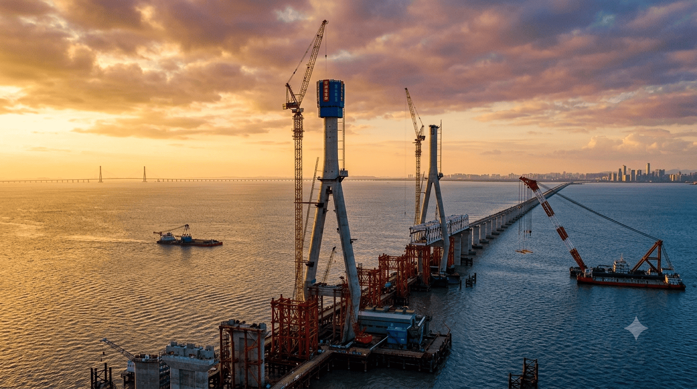 海中央双塔并立，世界最长跨海高铁桥梁——杭州湾跨海铁路大桥南航道桥主塔全部封顶#牢记嘱托砥砺奋进  （来源：二航局）
