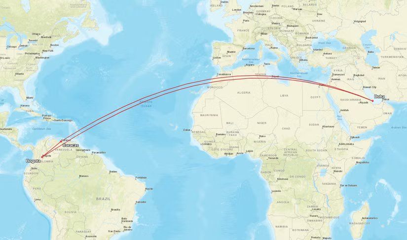 Carte de la ligne Bogota-Caracas de Qatar Airways