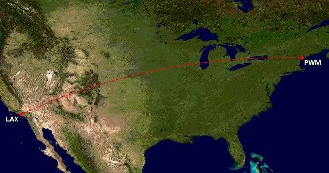 Route map from Los Angeles to Portland, Maine
