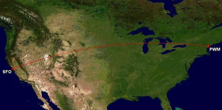 Route map from San Francisco to Portland, Maine