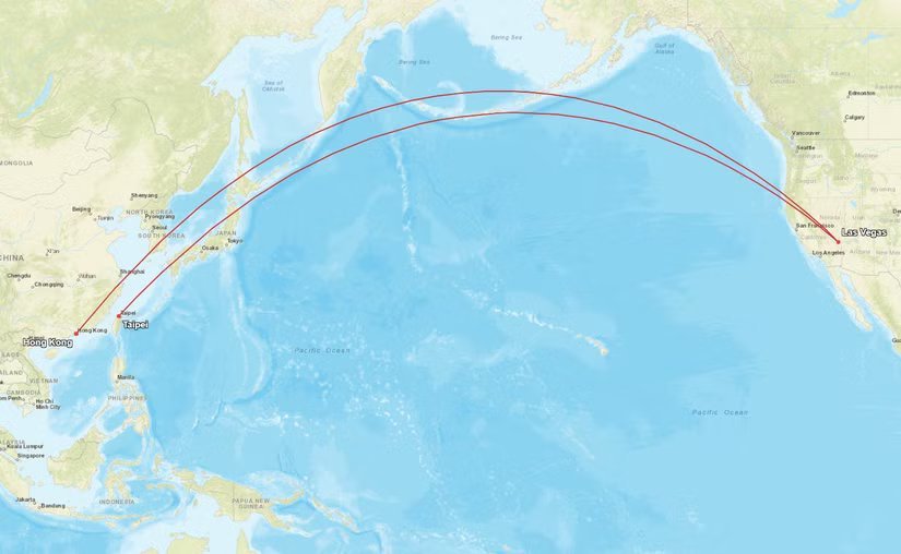 Delta Air Lines Las Vegas-Taipei-Hong Kong route map