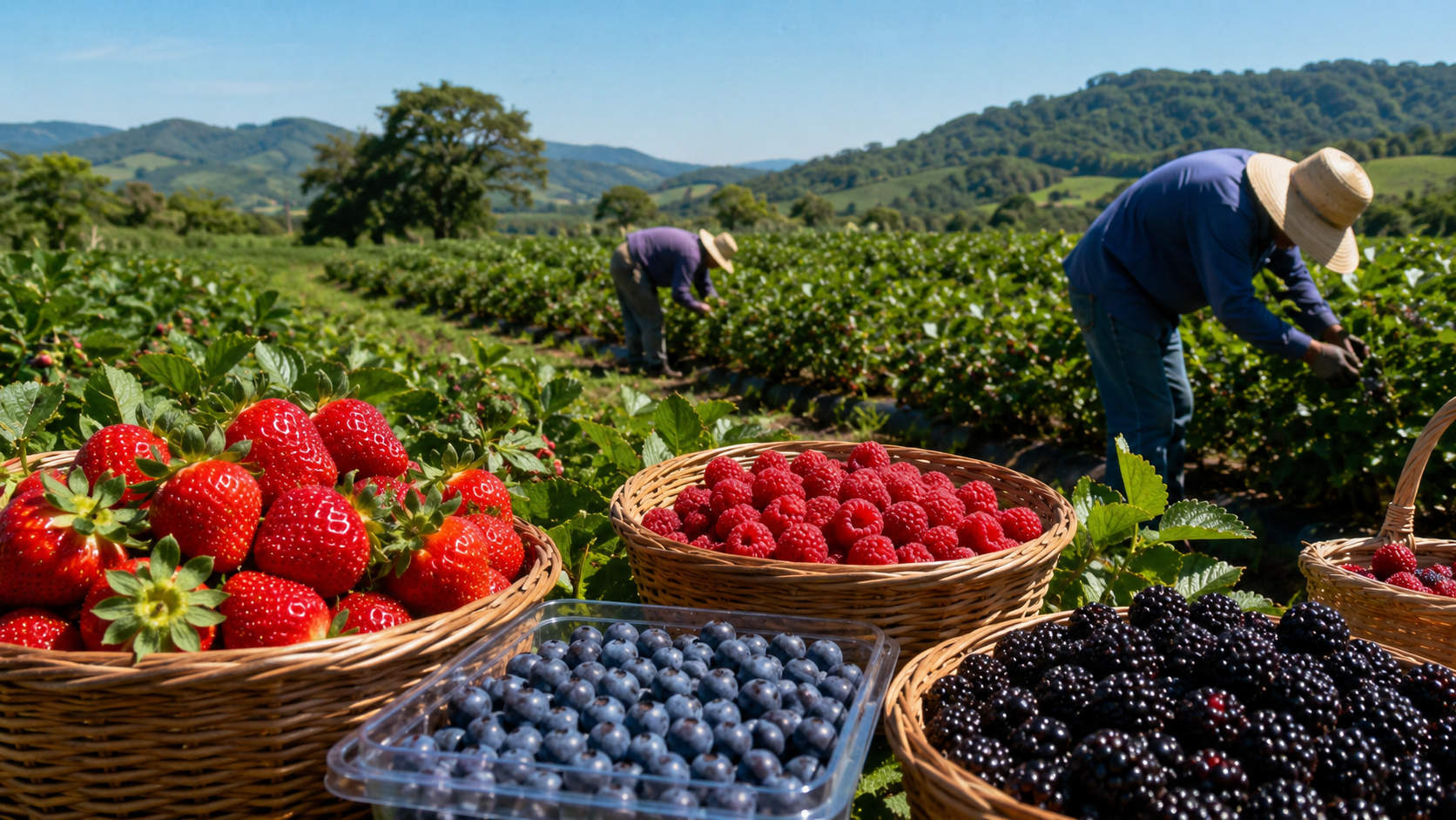 Plantation de baies mettant en avant des fraises, myrtilles, framboises et mûres, représentant les nouveaux essais de fruits rouges dans l'agriculture du Ceará