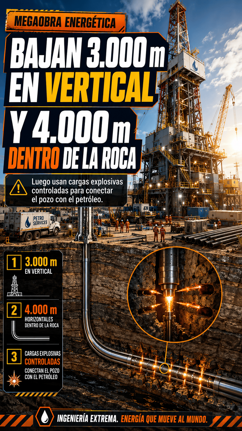 Primero bajan 3.000 metros en vertical. Después curvan y perforan otros 4.000 metros en horizontal d