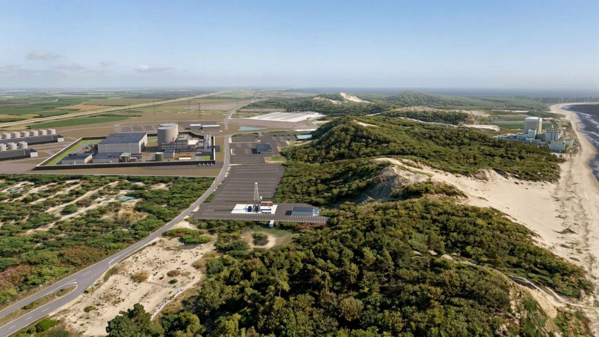 Rendu de la centrale Pioneer SMR-300 (à gauche) et de la centrale nucléaire de Palisades (à droite)