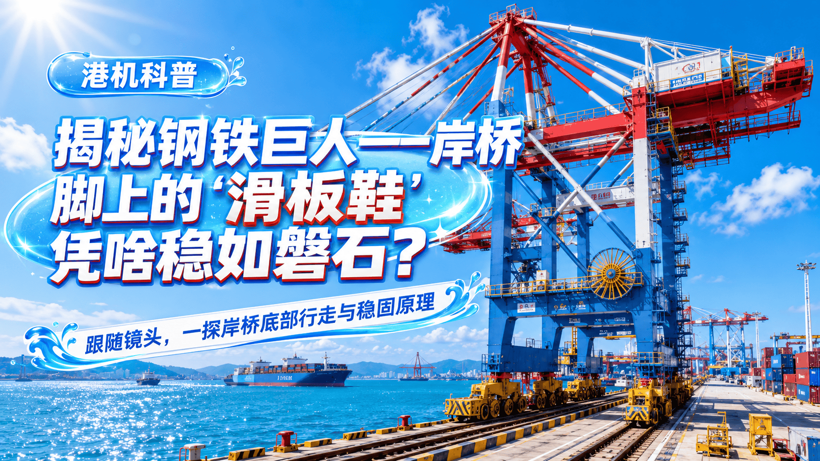 让我们一起揭秘，雄伟的钢铁“巨人”——岸桥，是如何运用脚上的“滑板鞋”保持自身屹立不倒、稳如磐石！快来跟随我们的镜头，一探究竟吧！#牢记嘱托砥砺奋进  （来源：振华重工）