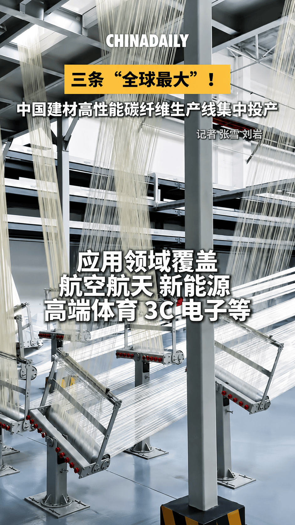 #媒体报道 #中复神鹰三条世界级高性能碳纤维产线集中投产 中国建材高性能碳纤维生产线集中投产，成为市场覆盖最广、投资见效最快、技术标准最新的全球最大“高强—高模—大丝束”碳纤维产品矩阵。来源：中国日报