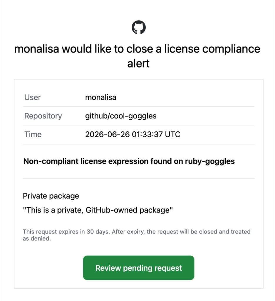 Notification par e-mail envoyée à l'équipe de vérification des licences, contenant le nom de l'utilisateur ayant déclenché l'alerte, le dépôt ayant généré l'alerte et un commentaire du développeur demandant l'autorisation pour ce package (car il s'agit d'un package interne privé).