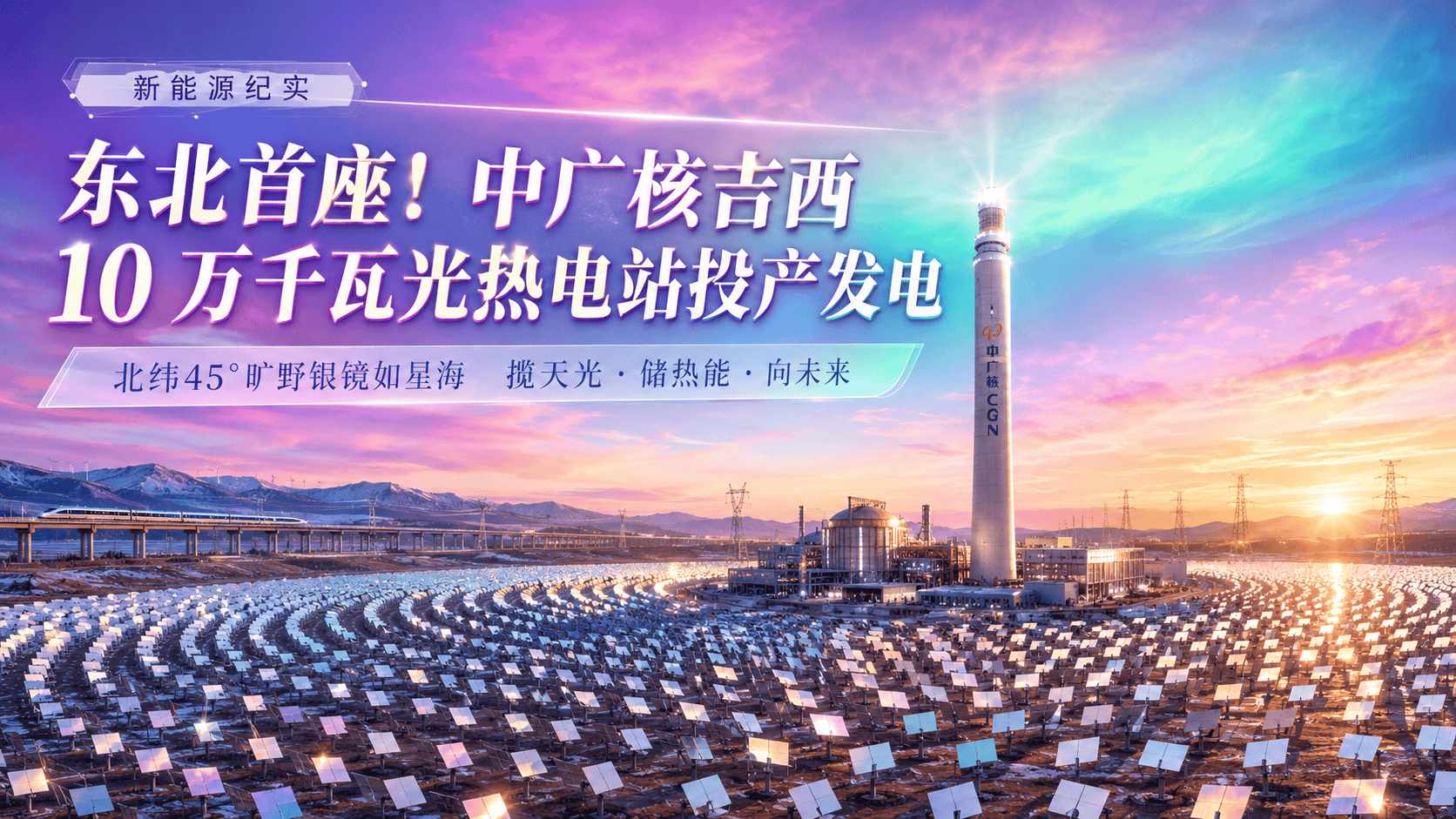 东北首座！中广核吉西 10 万千瓦光热电站投产发电，北纬 45° 旷野万顷银镜化作浩瀚星海，揽天光、储热能，人类借智慧读懂阳光，以无声工程拥抱天地馈赠。（ 转载自@吉林夜空）#光热发电站 #熔盐塔式光