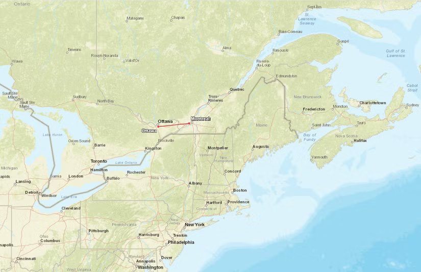 Karte Ottawa–Montréal von Air Canada