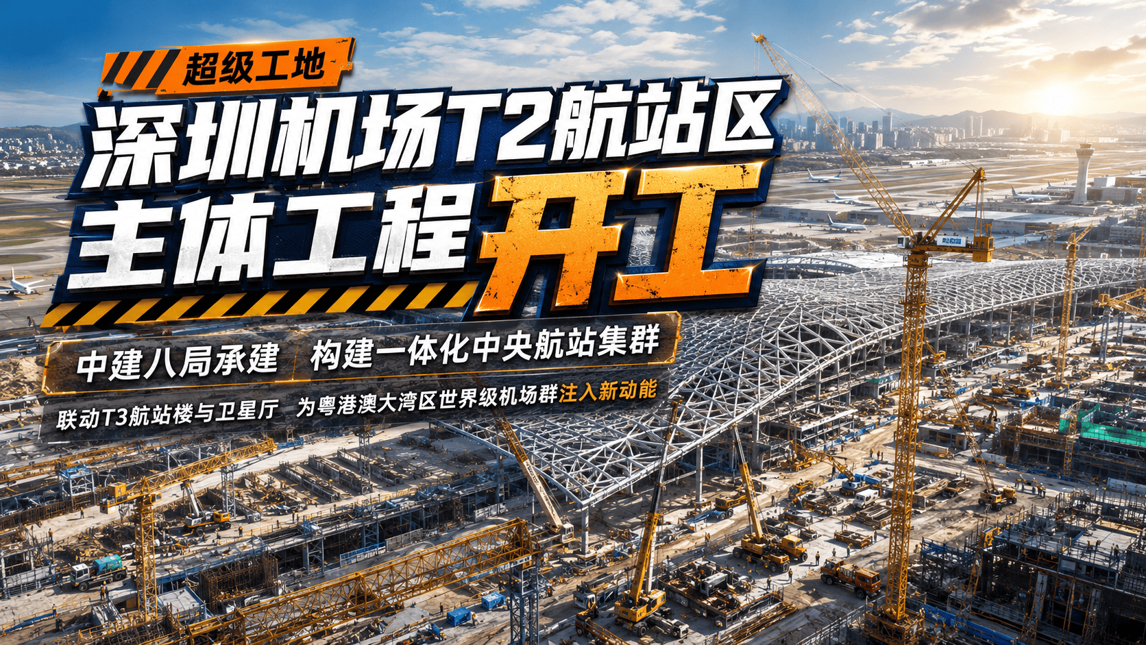 央视报道：6月30日，中建八局承建的深圳机场T2航站区主体工程1标段项目开工，建成后将与深圳机场现有的T3航站楼、卫星厅共同组成一体化中央航站集群，为粤港澳大湾区世界级机场群和“十五五”期间深圳经济社
