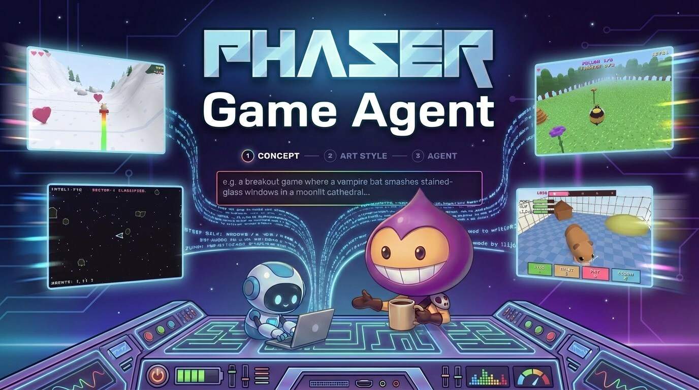 Vier Spiele, vier Stile, jeweils ein Satz: Ein Überblick über das, was Phaser Game Agent erstellen kann.