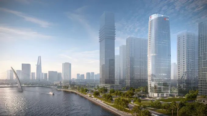 Rendu de l'UOB Plaza situé dans le quartier du Centre financier international du Vietnam à Hô-Chi-Minh-Ville.