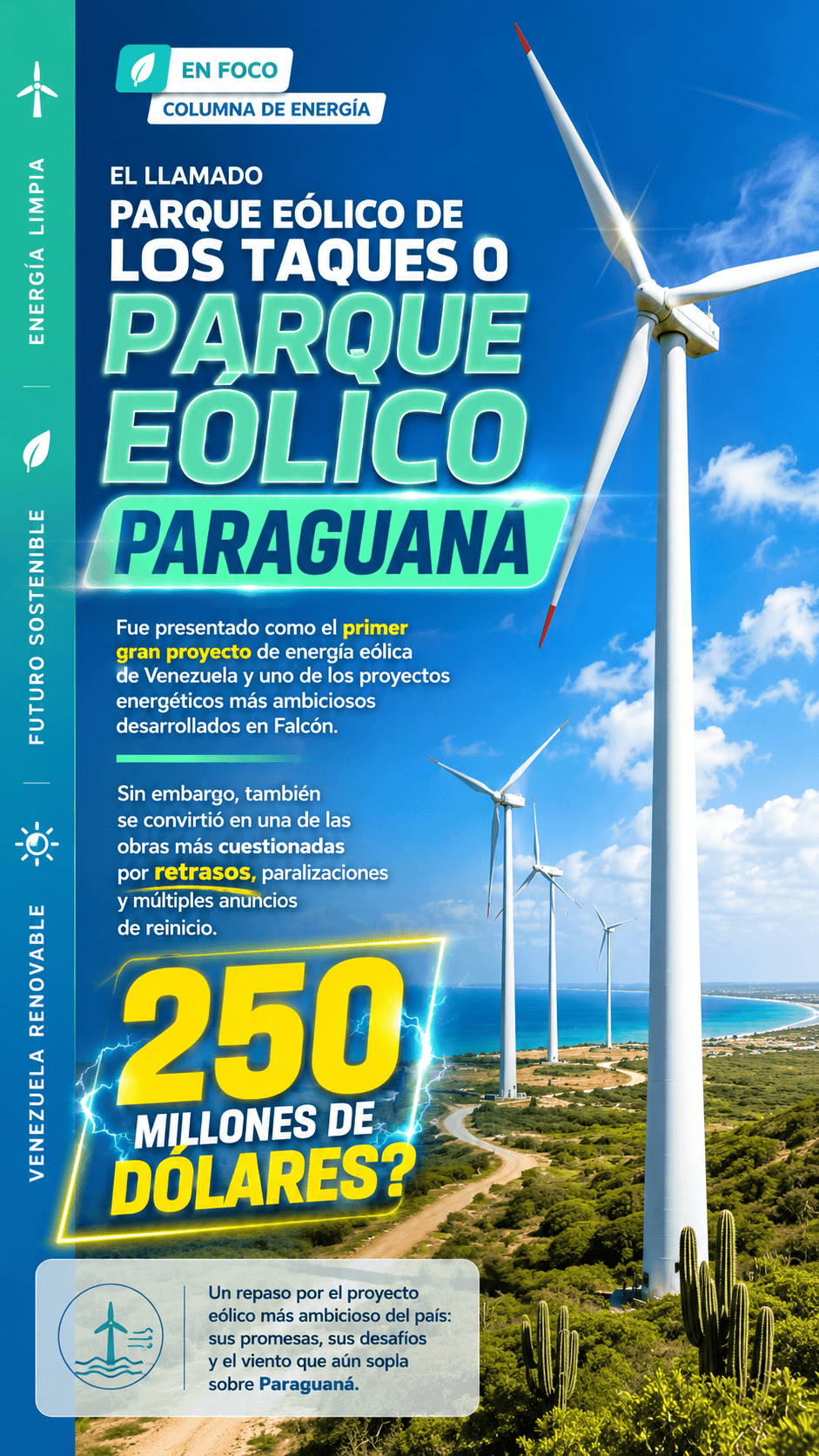 El llamado Parque Eólico de Los Taques o Parque Eólico Paraguaná fue presentado como el primer gran