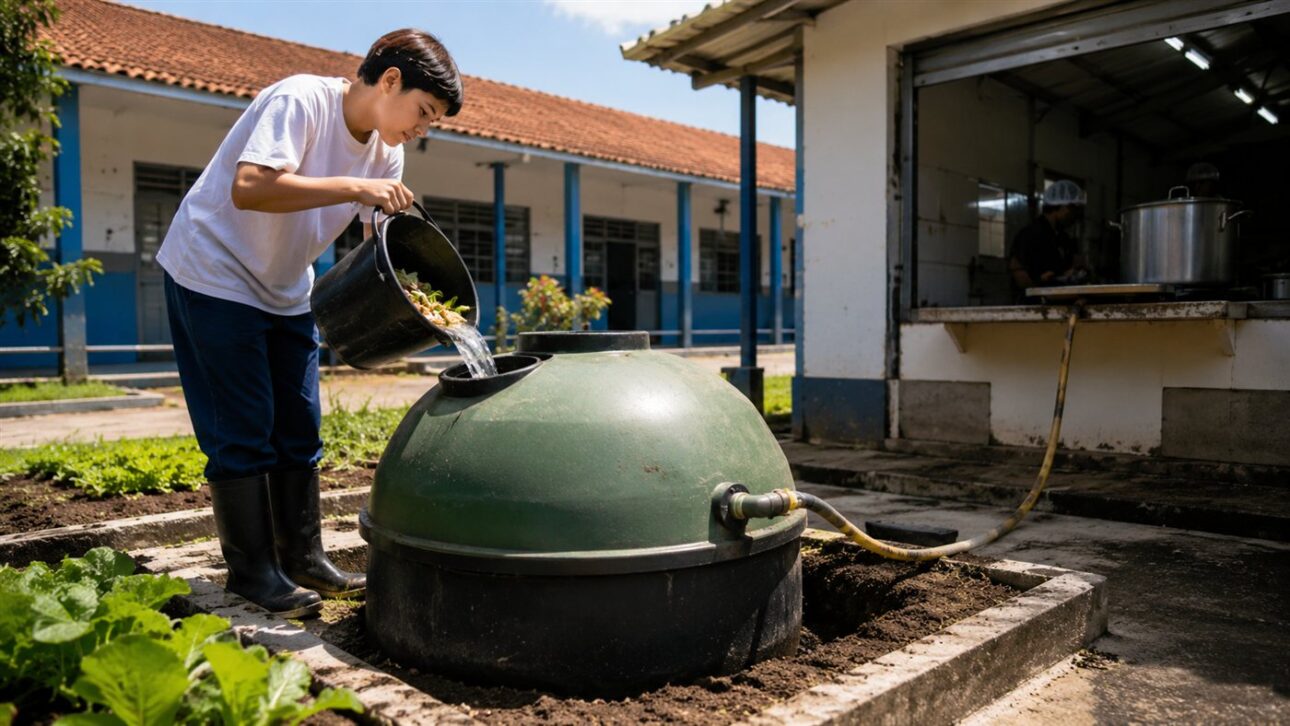 A biodigester installed on campus converts kitchen waste into gas.