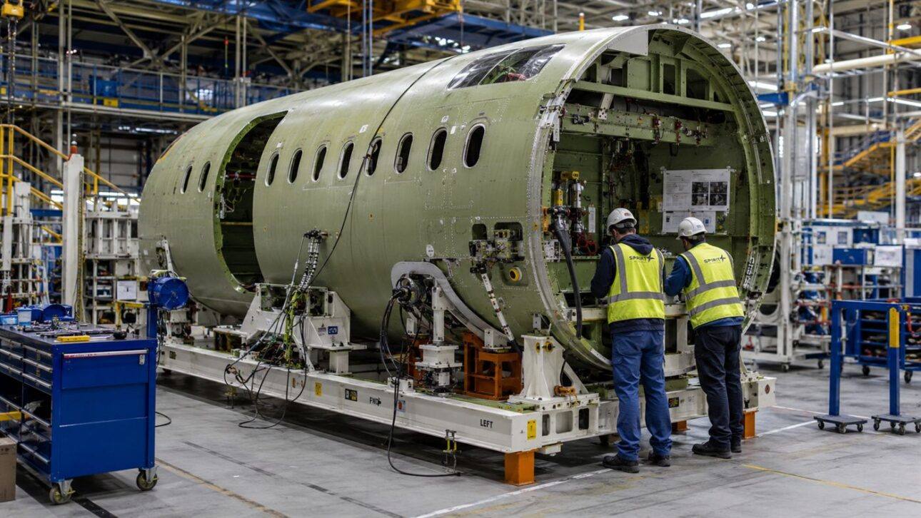Fuselages d’avions dans une usine, ces activités étant réparties entre Boeing et Airbus dans le cadre de la transaction.