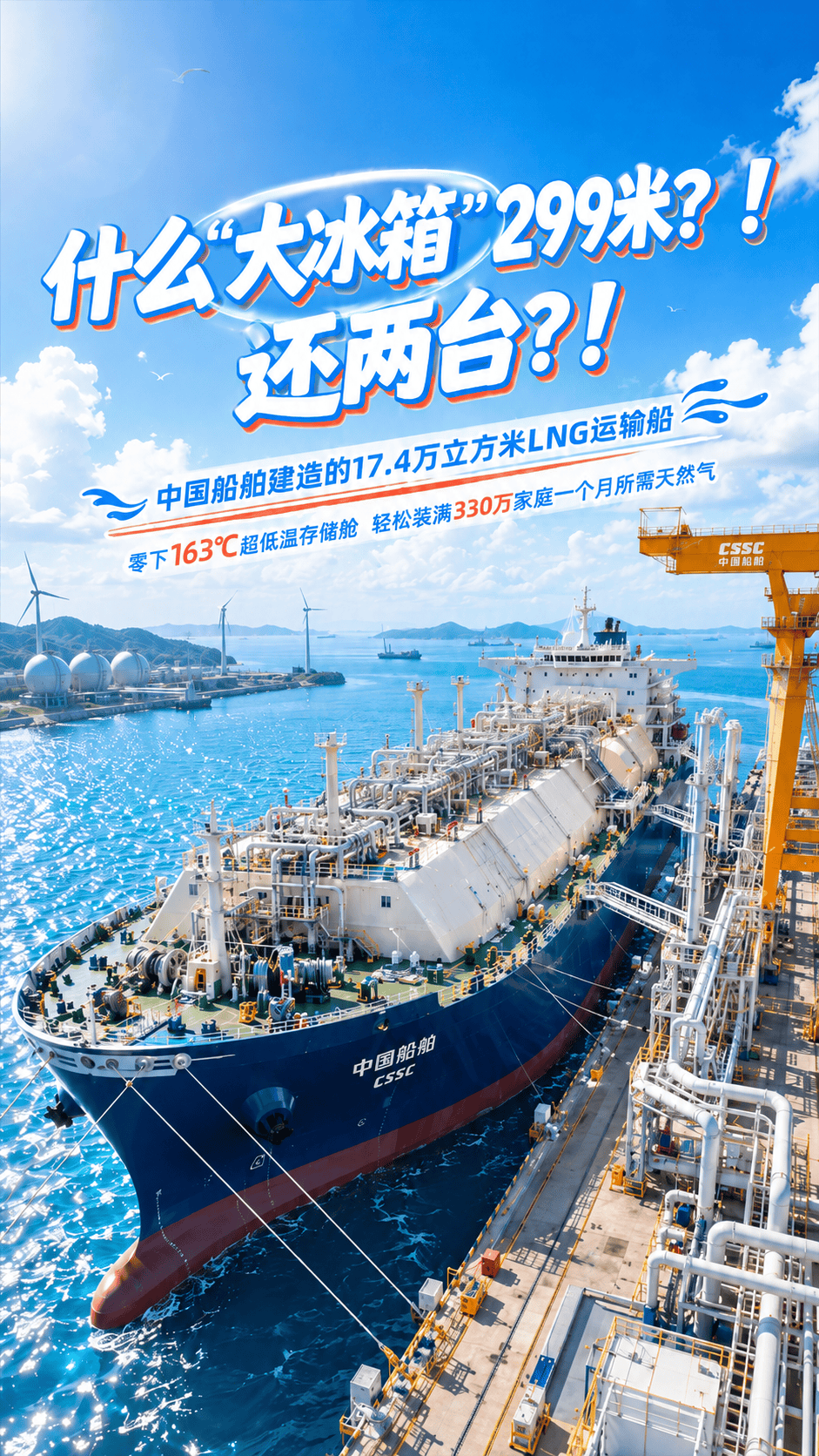 什么“大冰箱”299米？！还两台？！@中国船舶建造的17.4万立方米液化天然气运输船，零下163℃超低温存储舱，堪称超级“大冰箱”，轻松装满330万家庭一个月所需天然气~@央视财经