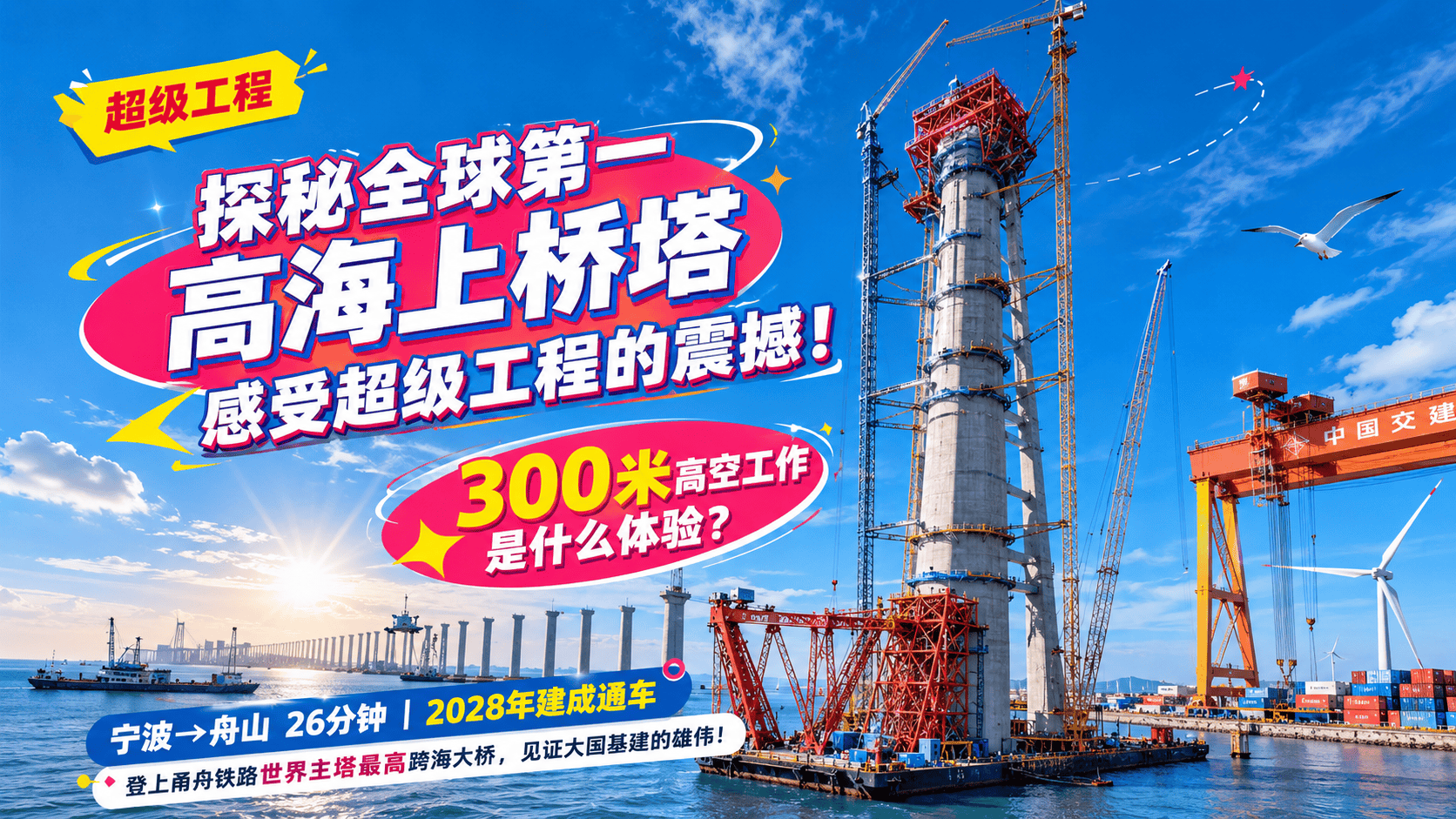 探秘全球第一高海上桥塔，感受超级工程的震撼！在300米高空工作是什么体验？宁波→舟山26分钟，2028年建成通车。跟我一起登上甬舟铁路世界主塔最高的跨海大桥，感受大国基建的雄伟！#创作阶梯计划