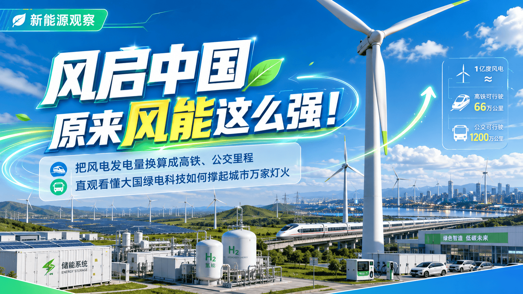 风启中国原来风能这么强！AI短片《风启中国》，把风电发电量换算成高铁、公交里程，直观看懂大国绿电科技如何撑起城市万家灯火！#央企AI视界