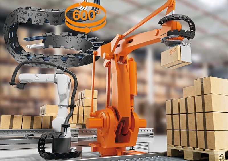 Die freitragende Twisterchain bietet für Roboteranwendungen eine Energiezuführung mit über 600° Drehung, schnelle Montage, maximale Flexibilität und hohe Lebensdauer. (Bild: igus)