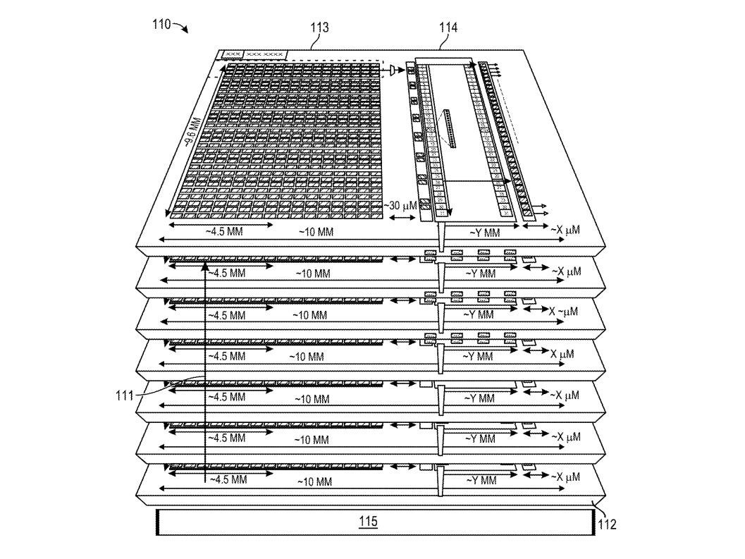 Vista oblicua del apilamiento de chips Intel XBM HBM
