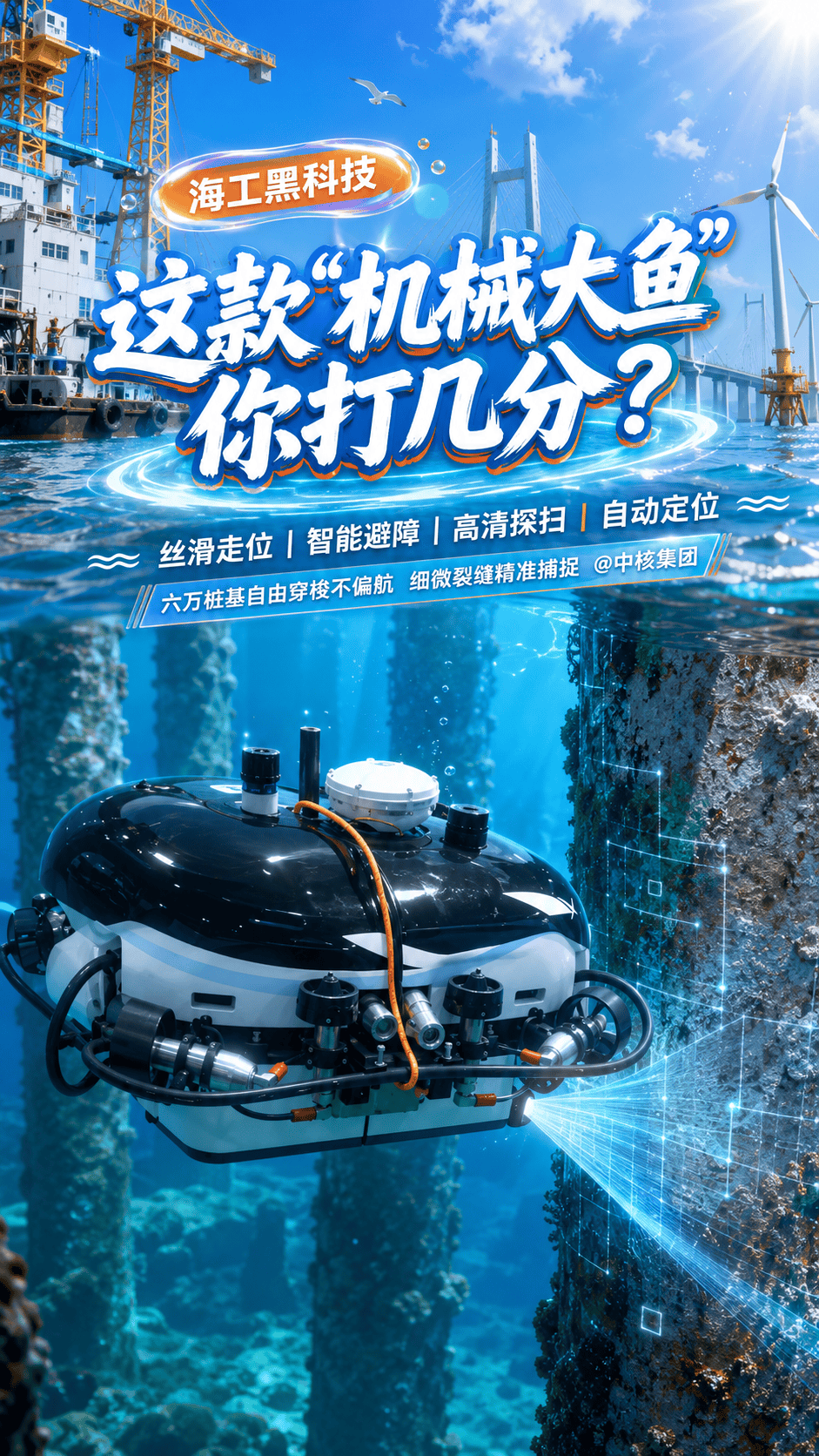 走位丝滑，六万桩基自由穿梭不偏航；身法灵动，海中障碍轻松闪避；高清探扫，细微裂缝精准捕捉；续航长效，自动定位动力拉满。 这款“机械大鱼”你打几分？