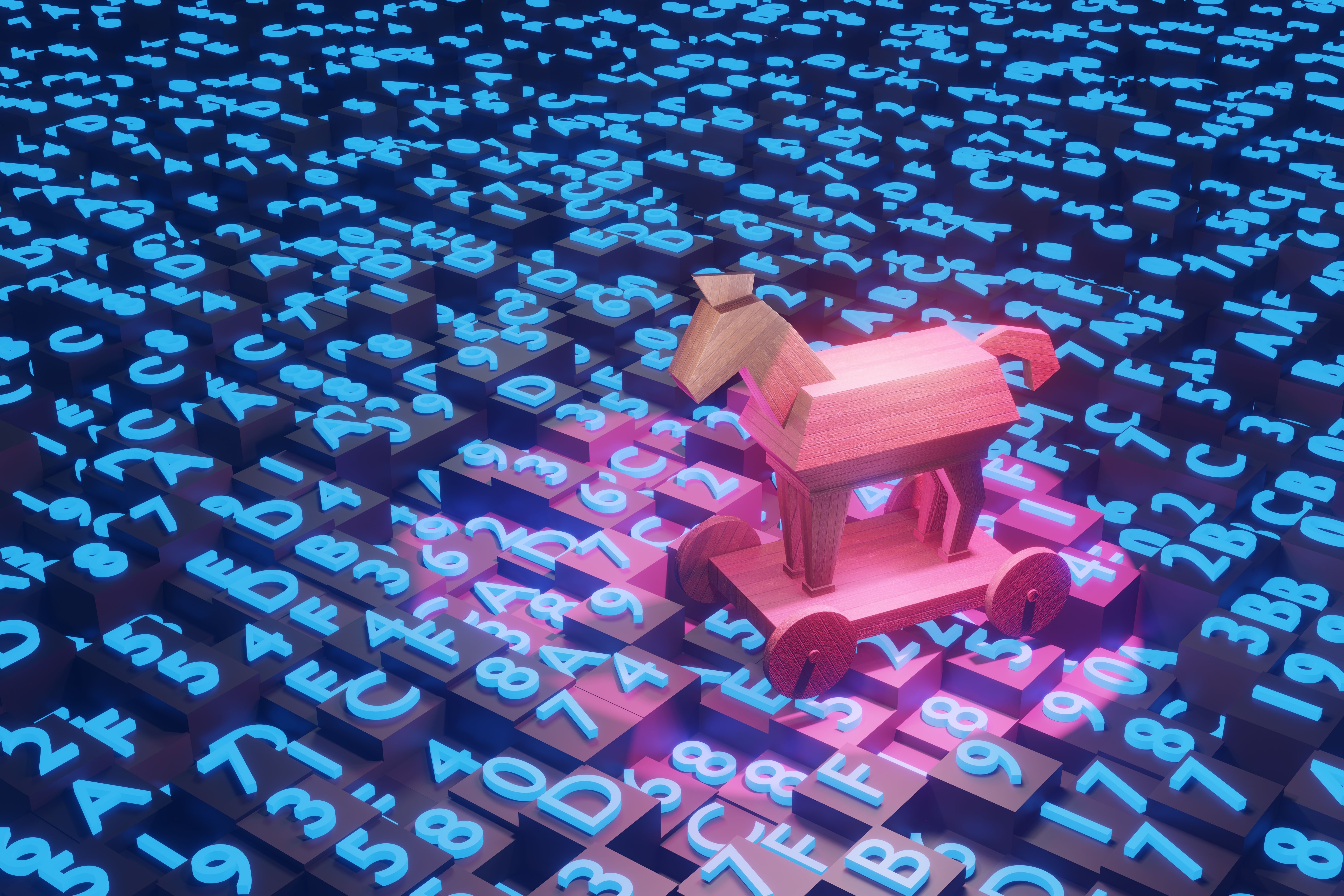 Trojanisches Pferd auf einem hexadezimalen Programmiercode-Block, Illustration zu Cyber-Hacking und Malware