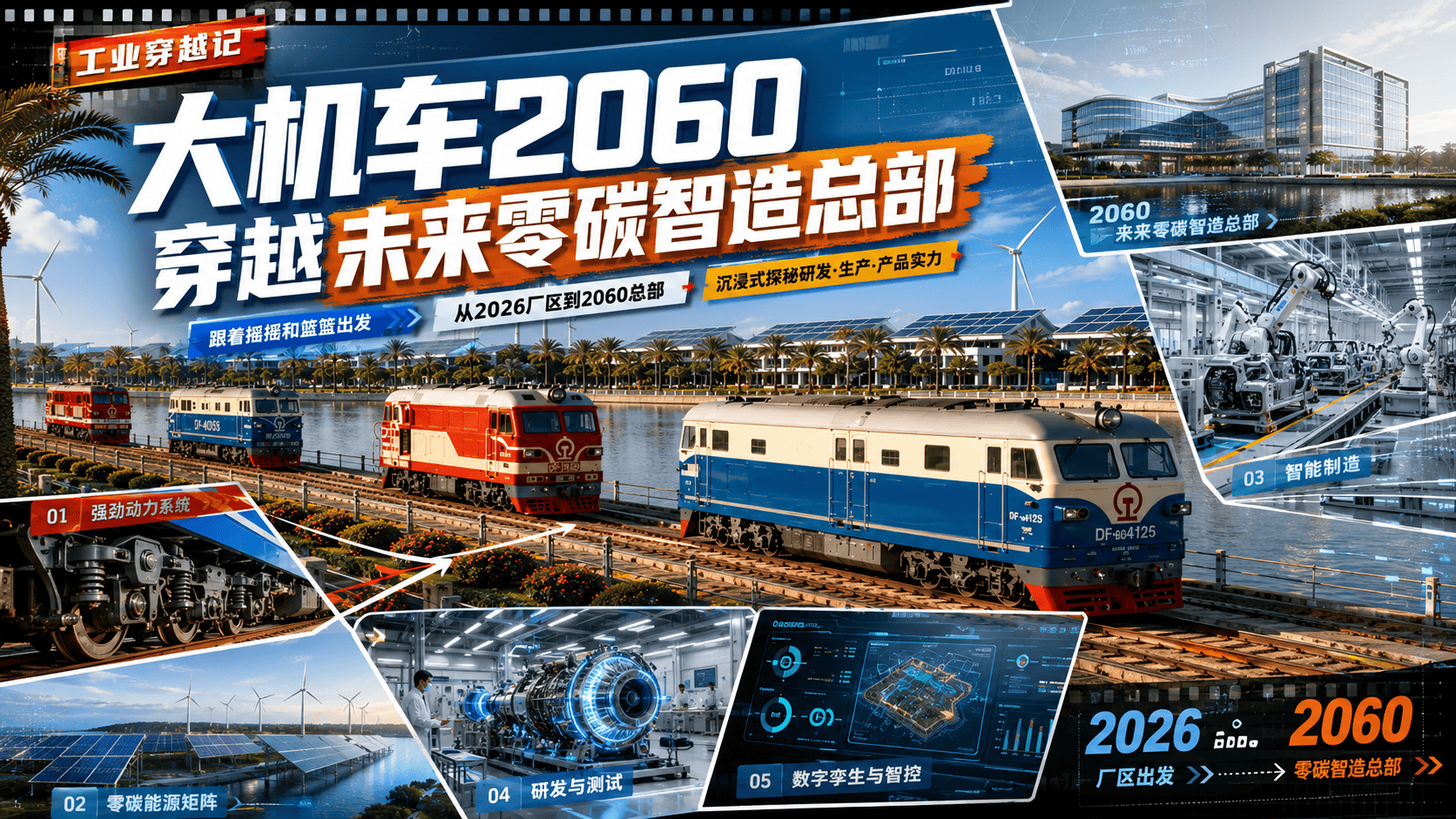 大机车2060跟着大机车的品牌idol摇摇和篮篮，从2026年的厂区穿越到2060年的大机车未来零碳智造总部，沉浸式探秘企业领先全球的研发、生产与产品实力。#央企AI视界
