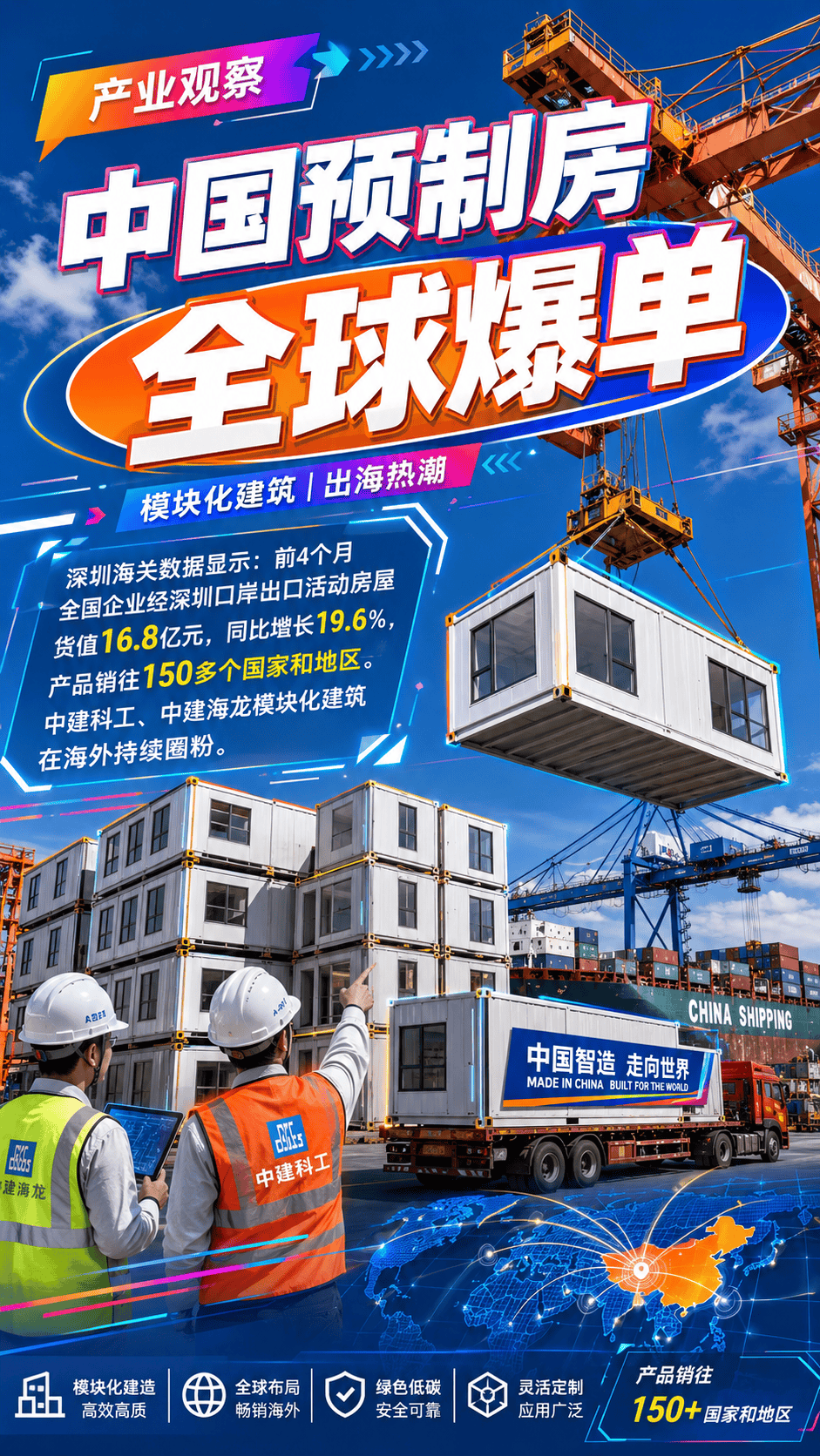 中国的模块化建筑“预制房”，全球爆单。深圳海关数据显示：今年前四个月，全国企业经深圳口岸出口活动房屋货值16.8亿元，同比增长19.6%，产品销往150多个国家和地区。来自中国建筑旗下